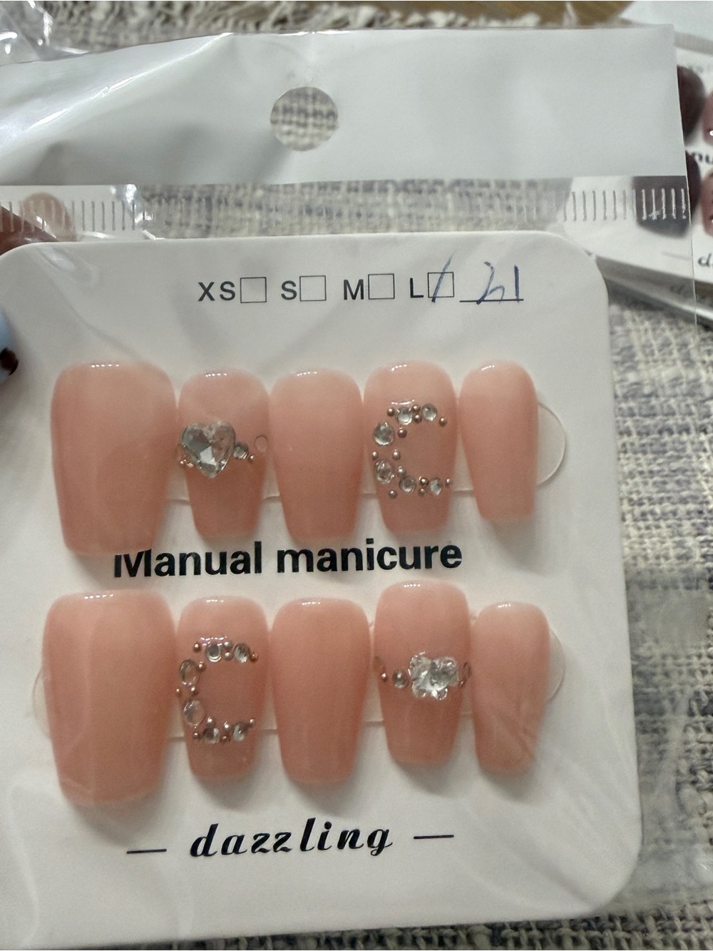 Peach Nude Press-On Nails with Rhinestone Accent